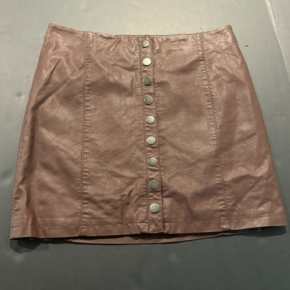 Free People Skirt Brown Faux Leather Mini Button Front A Line Womens